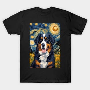 Bernese Mountain Dog Breed Painting in a Van Gogh Starry Night Art Style T-Shirt